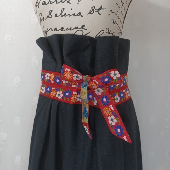Vintage Handmade Black Red Floral Ribbon Trim Paperbag Waist Midi Folk Skirt L - Picture 2 of 10